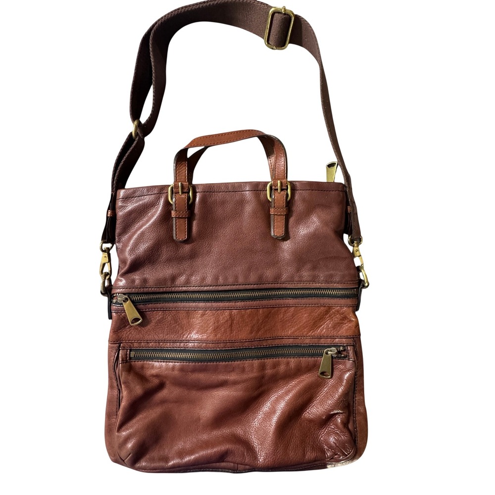 Fossil Brown Leather Crossbody Tote Bag Convertible Messenger Zippers Brass